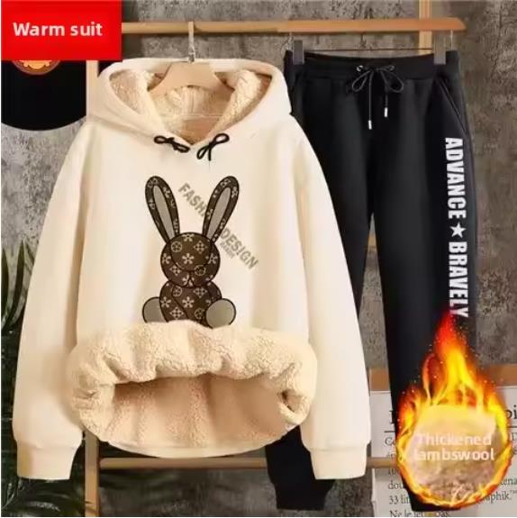 Jesień Zima Damski Zestaw Bluza z Kapturem z Wełny Jagnięcej Damska Pogrubiona Bluza Spodnie Długi Rękaw Długie Spodnie Strój Studencki