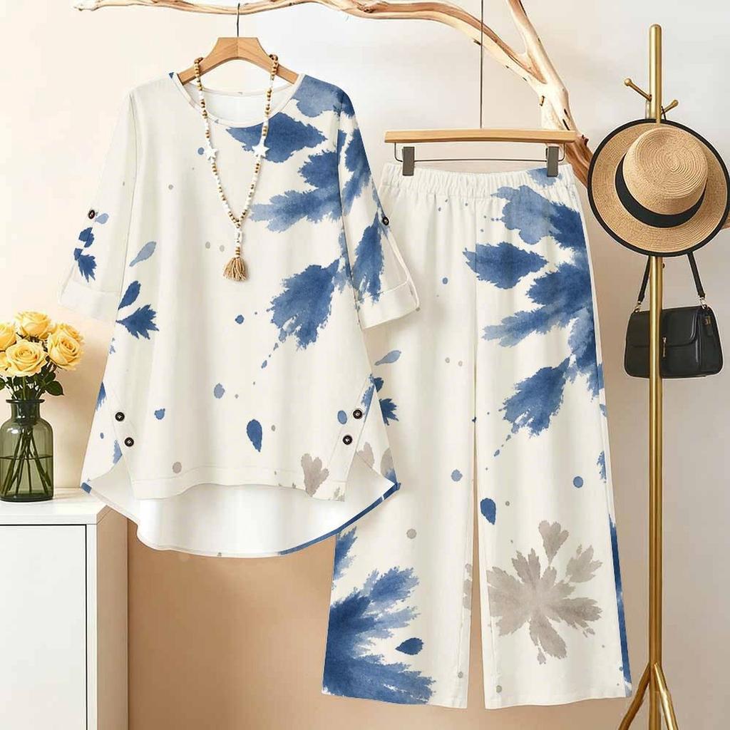 Women Plus Size Blue White Printed Round Neck Half Sleeve High Low Top And Long Pants Two Piece Set