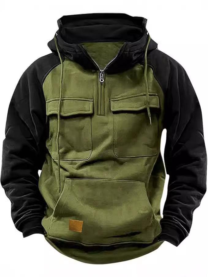 European-American Raglan Sleeve Half-Zip Men's Multi-Pocket Workwear Hoodie