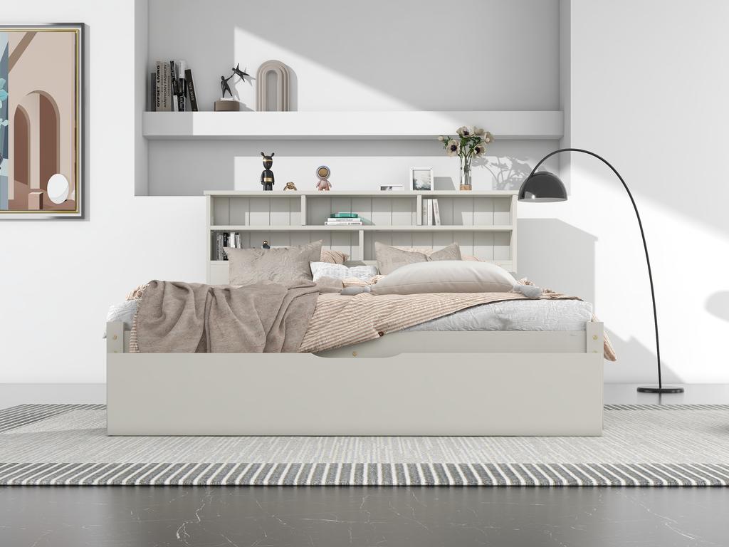 Massivholz Doppelbett mit Schubladen und Lattenrost, Bücherregal Jugend und Erwachsenen Kinderbett, 140x200cm Weiß