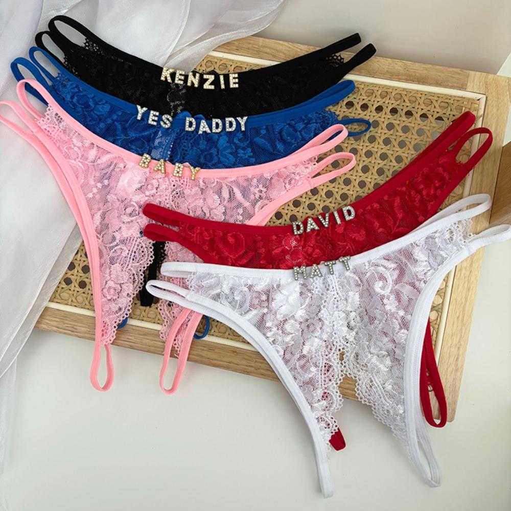 Custom Name Crystal Letter Briefs Sexy Lace Crotchless Knickers Hollow Waist Panties Open Gear Underpants Girlfriend Wife Gift