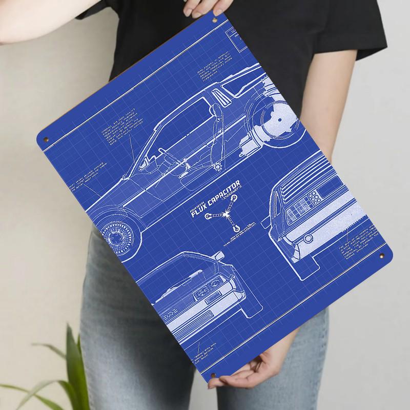 Back to the Future Classic Car Blueprint Metal Wall Art Creative Home Decor Living Room Study Retro Hanging Decoration