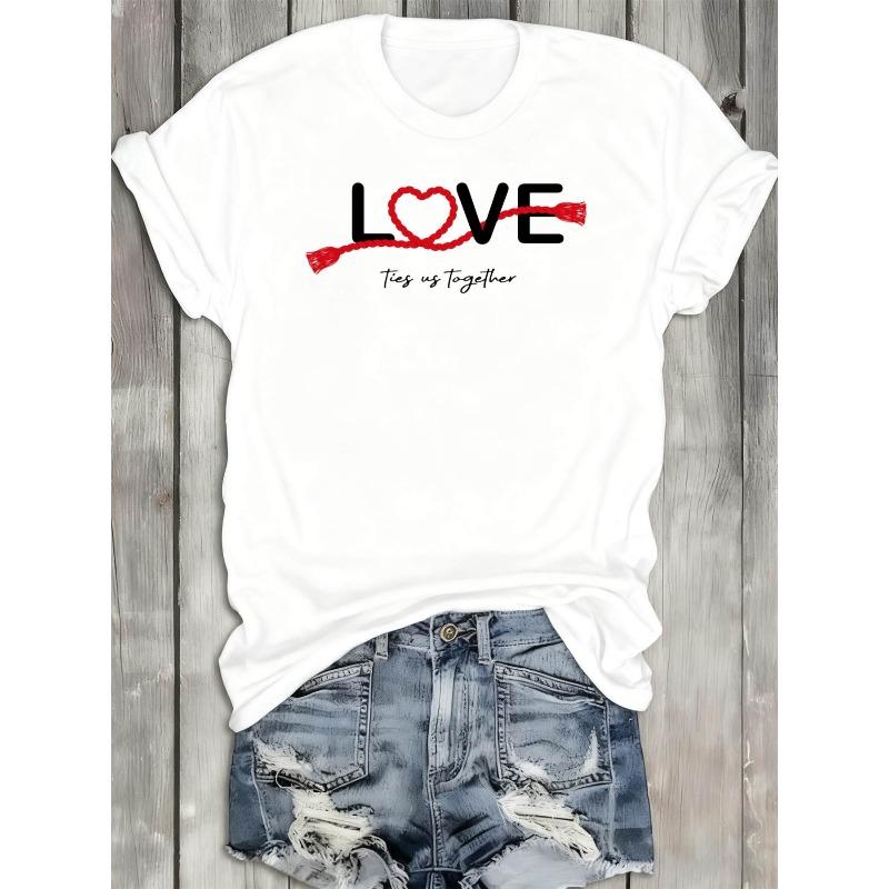 

European Size Women S 180GSM Heavyweight Love Ties Us Graphic T-Shirt - Red Heart & Tie Design with Love Ties Us Together 4XL білий