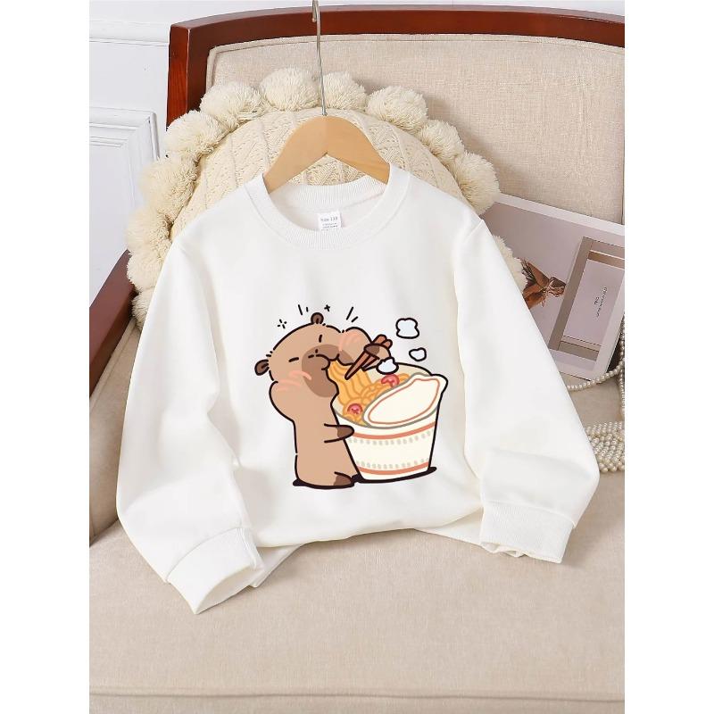 European sizes Crewneck Sweatshirt for Kids Featuring an Adorable Bear Enjoying Noodles with Chopsticks. Perfect for Sports And Casual Outings