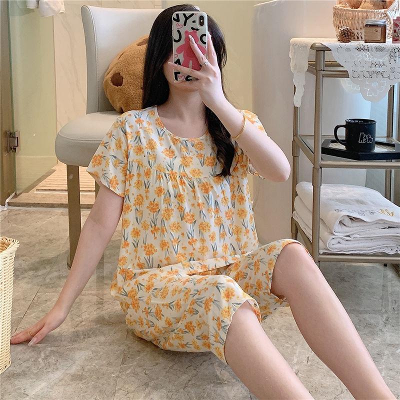 1011 Spring and Autumn Short Sleeve New Printed Pajama Set Summer Thin Sweet Floral Loose Loungewear