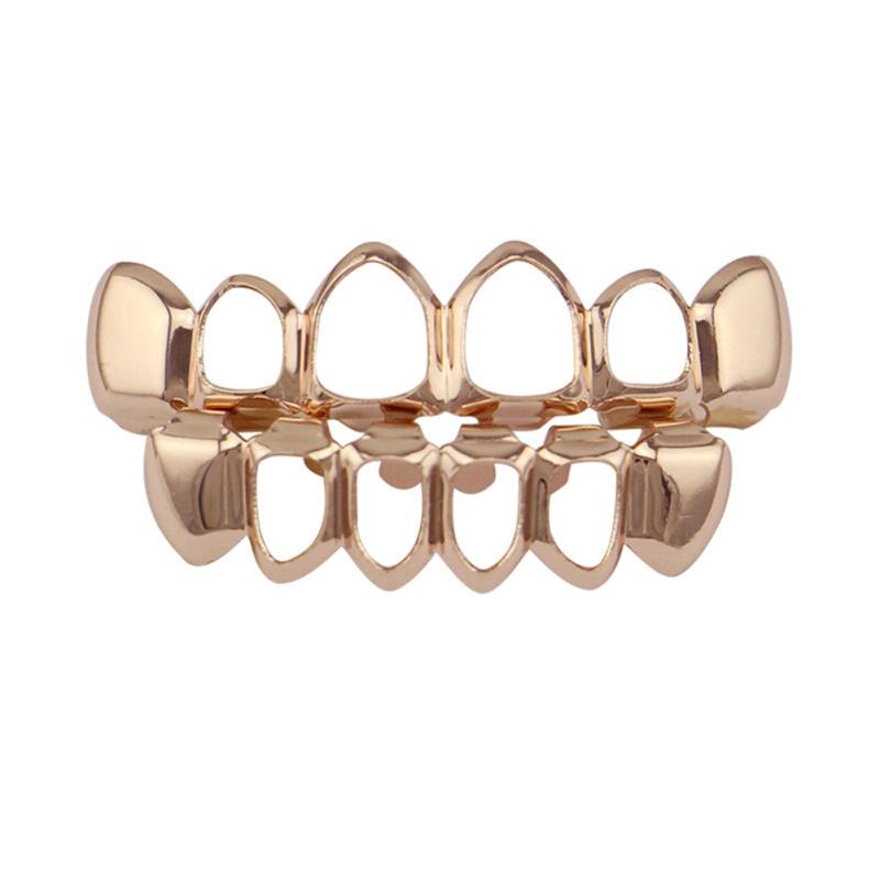 hot! Gold Electroplating Fashionable Hollow-out Teeth Grillz Set Teeth Socket Shiny False Teeth for