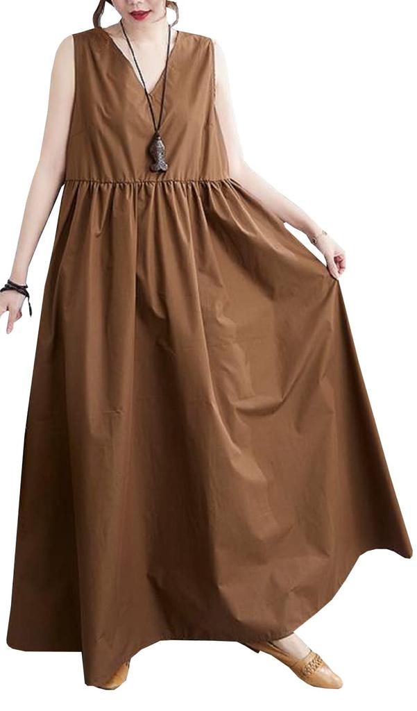NEKORA Sleeveless Long Summer Solid Sizes Women's V-Neck Dress, M-2XL (M, Brown)