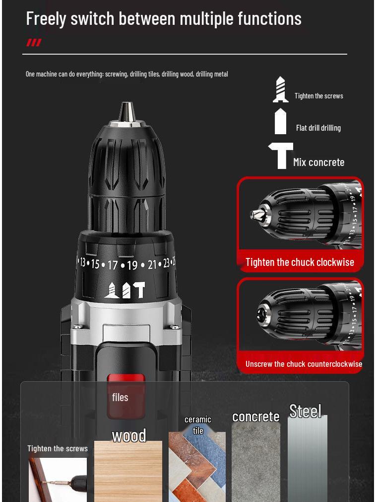 Dual Speed Industrial-Grade Cordless Impact Drill, Rechargeable Electric Screwdriver with Lithium Battery for Household and Multifunctional Use