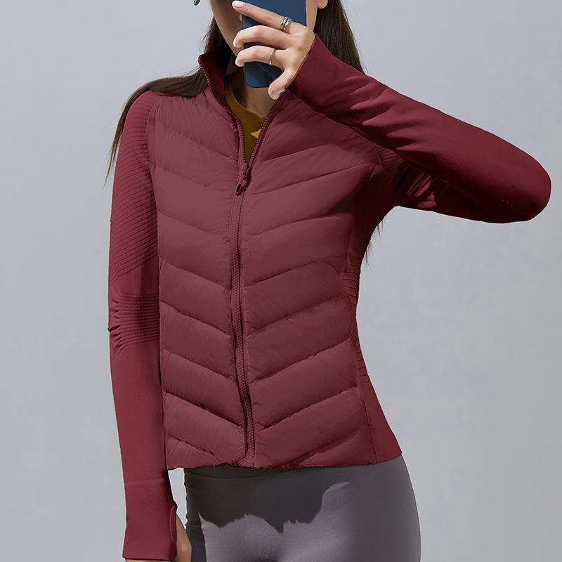 Women's Lightweight Seamless Splicing White Goose Down Jacket Slim Fit Thermal Sports Coat For Running Fitness Yoga