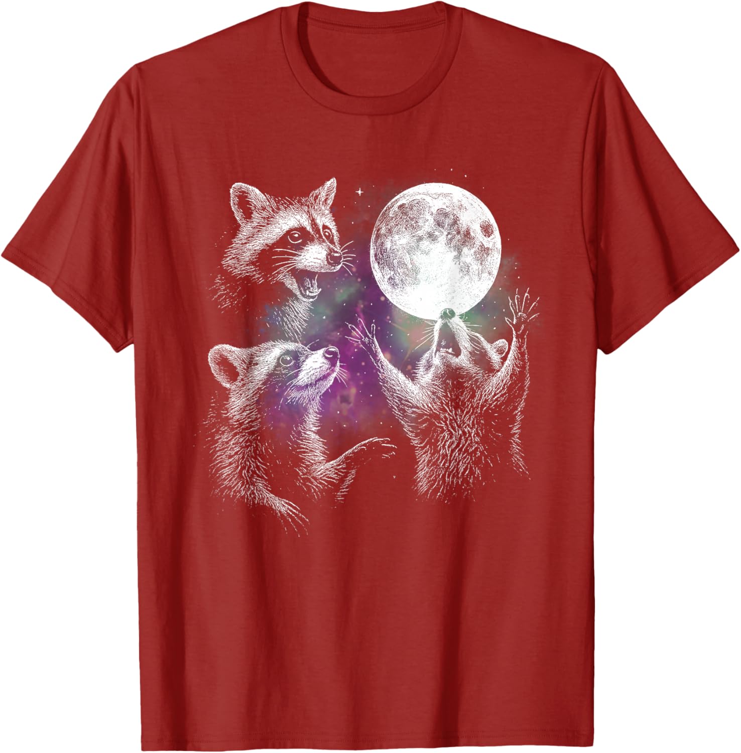 Three Raccoons Howling at Moon Galaxy Graphic Tee Soft Cotton Casual Round Neck T-Shirt S