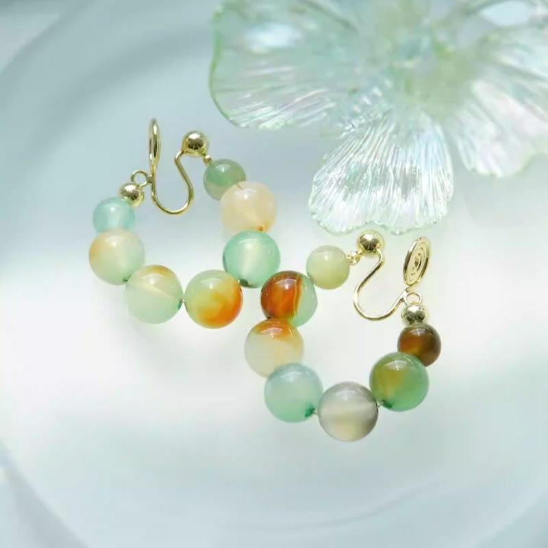 Dunhuang Winter Fresh Green Beaded Vintage Natural Stone Mosquito Coil Clip-On Earrings for Women Without Pierced Ears