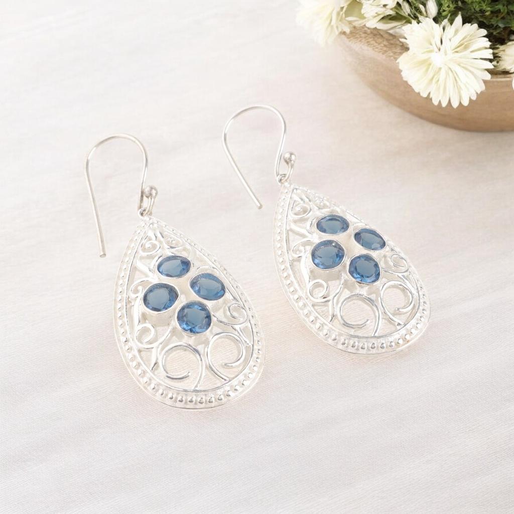 London Blue Topaz Gemstone 925 Sterling Silver Handmade Jewelry Earrings 2.25" CE-17-3