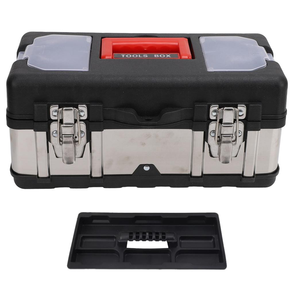 14 Inch Tool Box Large Capacity Stainless Steel Lockable Tool Organizer with Removable Tray for Home Auto Repair