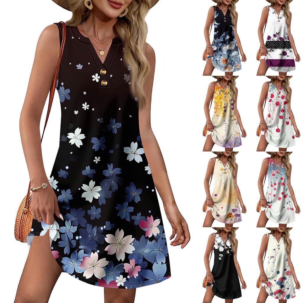 Dámská móda Ležérní potištěné V-neck knoflíky s kapsou Vesta Bez rukávů Šaty