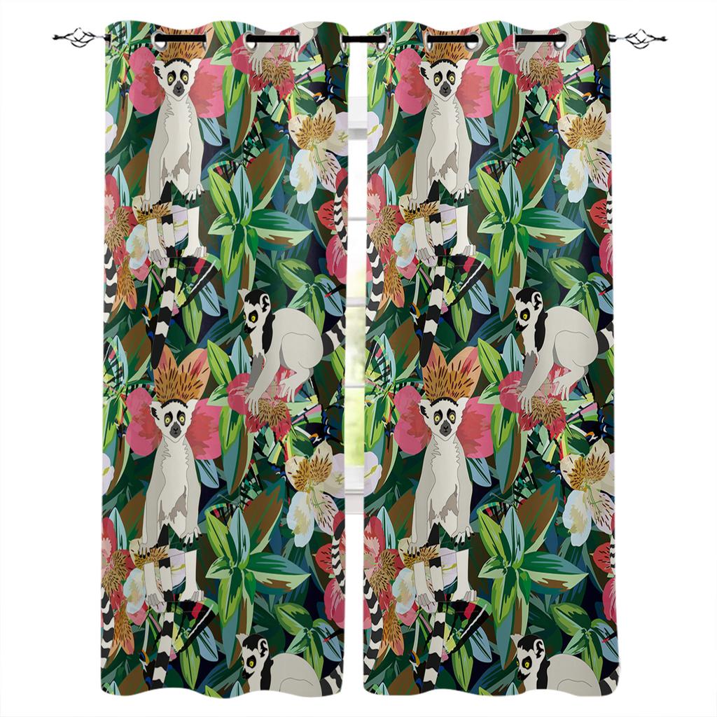 Watercolor Botanical Flowers And Raccoon Home Decor Window Curtains Bedroom Kitchen Curtain Panel Curtains for Living Room