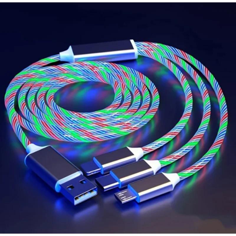 3IN1 Metal Streamer Cable Is Suitable For  Android Type C Mobile  One Split Three Fast Charging Luminous
