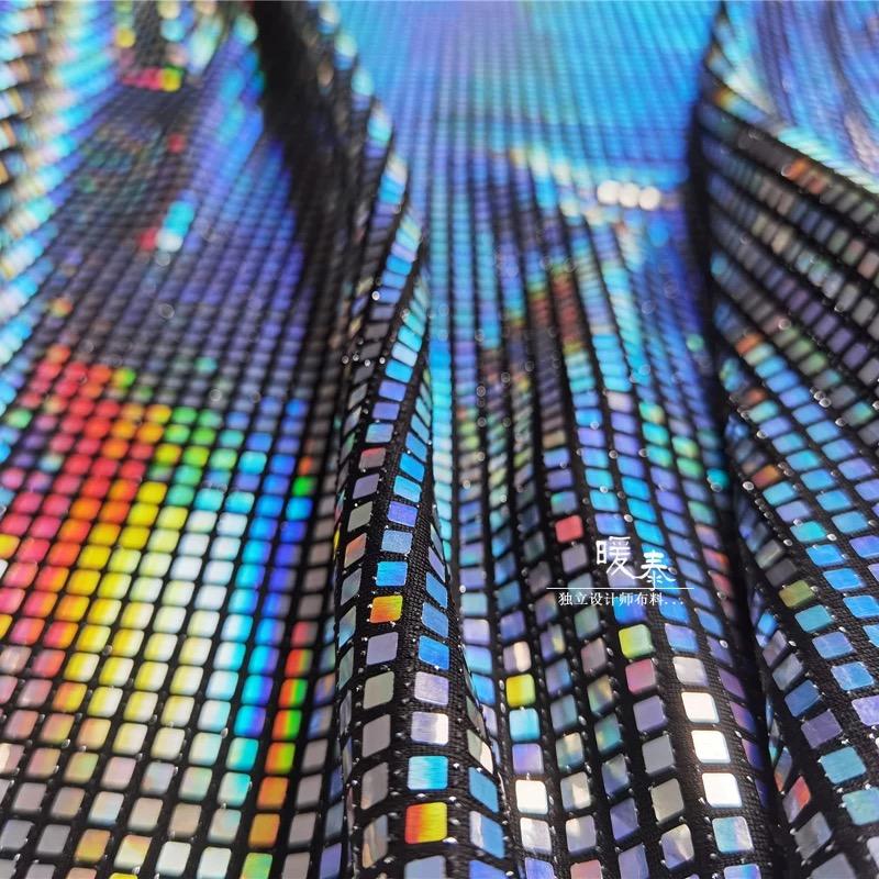 Colorful Holographic Reflective 4x4mm Square Sequin Elastic Knitted Fabric DIY Sewing Cloth Background Decoration Materials