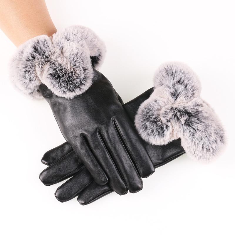 Warm leather gloves fleece thickened women's imitation rabbit fur mouth gloves leather touch screen autumn and winter gloves