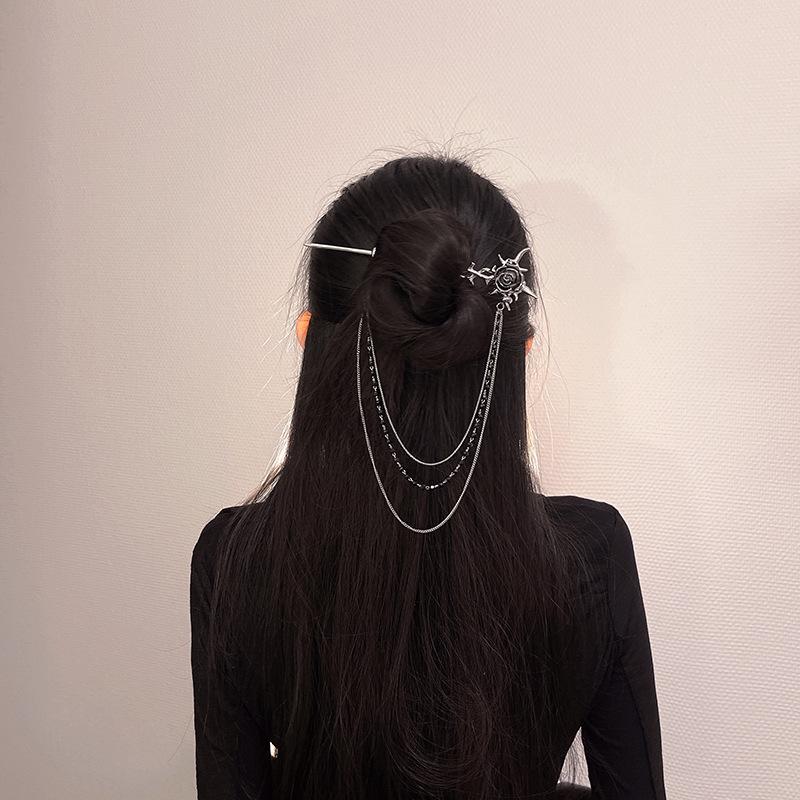 Modern Hair Stick Rose Flower Metal Tassel Hairpin Forks for Women Black Beads Fringe Hair Clasp New Chinese Hanfu Hair Jewelry