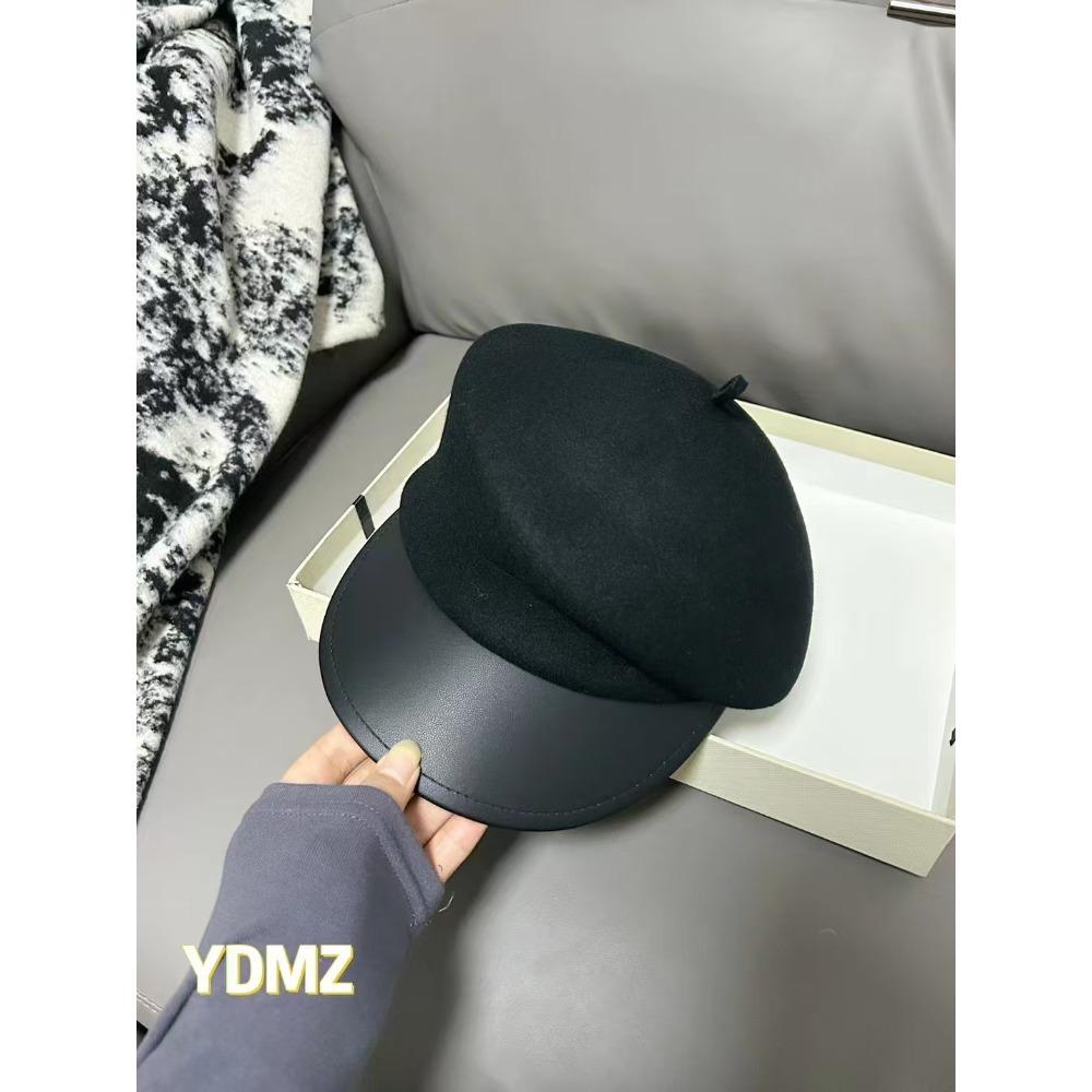

Fashion beret hat women s autumn and winter British wool wool leather edge peaked hat Korean temperament versatile newsboy hat one size fits all and adjustable чёрный