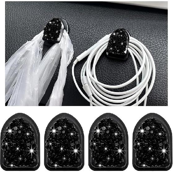 4PCS Bling Car Mini Hooks, Multifunctional Adhesive Small Auto Storage Hook for Key Cable Mask, Crystal Rhinestone Dashboard Hanging Hook, Interior