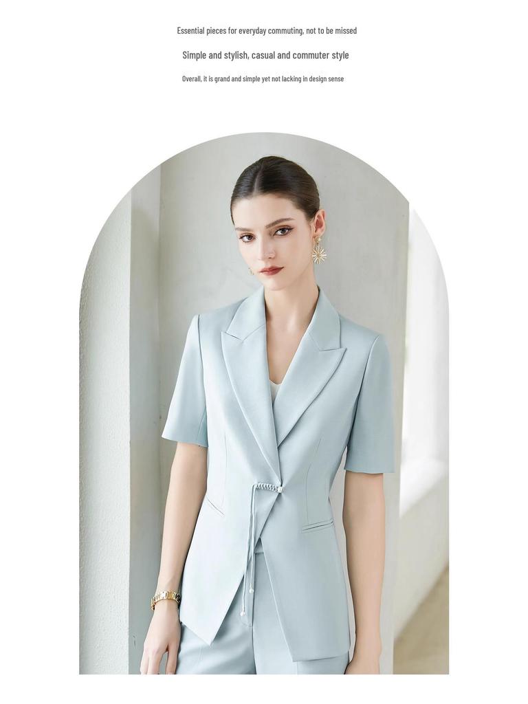 Conjunto de Terno de Verão Profissional Azul Leve Estilo Chinês: Fato Calças Formal para Trabalho Amigo da Pele