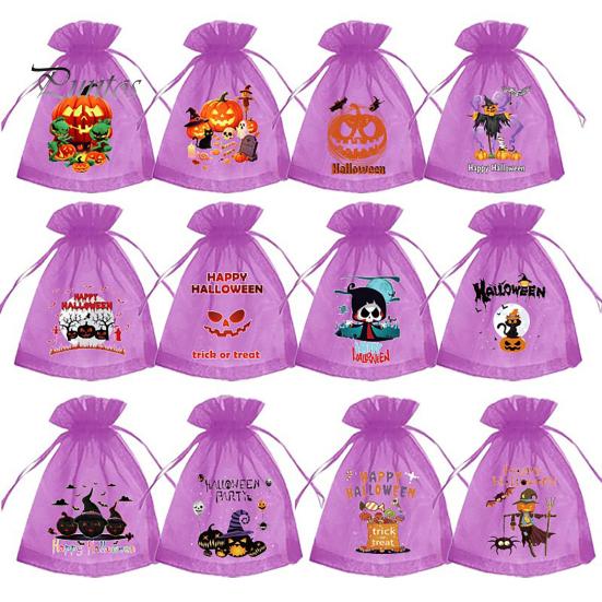 Halloween Party Prop 12 Pcs Organza Candy Bag, Drawstring Treat Pouch with Pumpkin Ghost Bat Storage Bag Print, Sheer Favor for Snacks, Trick or Gift