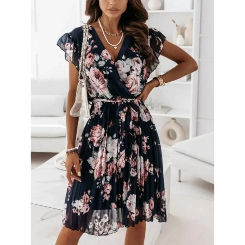 Summer Ruffled Short Sleeved V-neck Knee Length Skirt with Floral Print Elegant Lace Up Pleated Dress