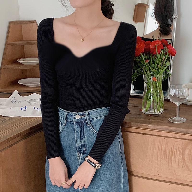 Retro French Style Square Neck Top for Women Long Sleeved Knitted Base Shirt for Women Slimming Off for Women Wearing A Thick Pullover Sweater Women