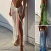 Summer Beach Skirt Fishnet Hollow Out See-through Solid Color Lace Up Decorative Elastic Boho High Waist Knitted Club Skirt Female Clothes