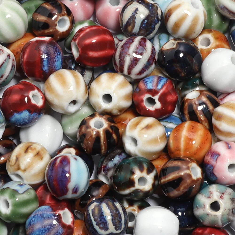10pcs/lot 11.5mm Retro Pumpkin Ceramic Beads Loose Spaced Striped Beads For Handmade Bracelet Making DIY Exquisite Necklace Gift