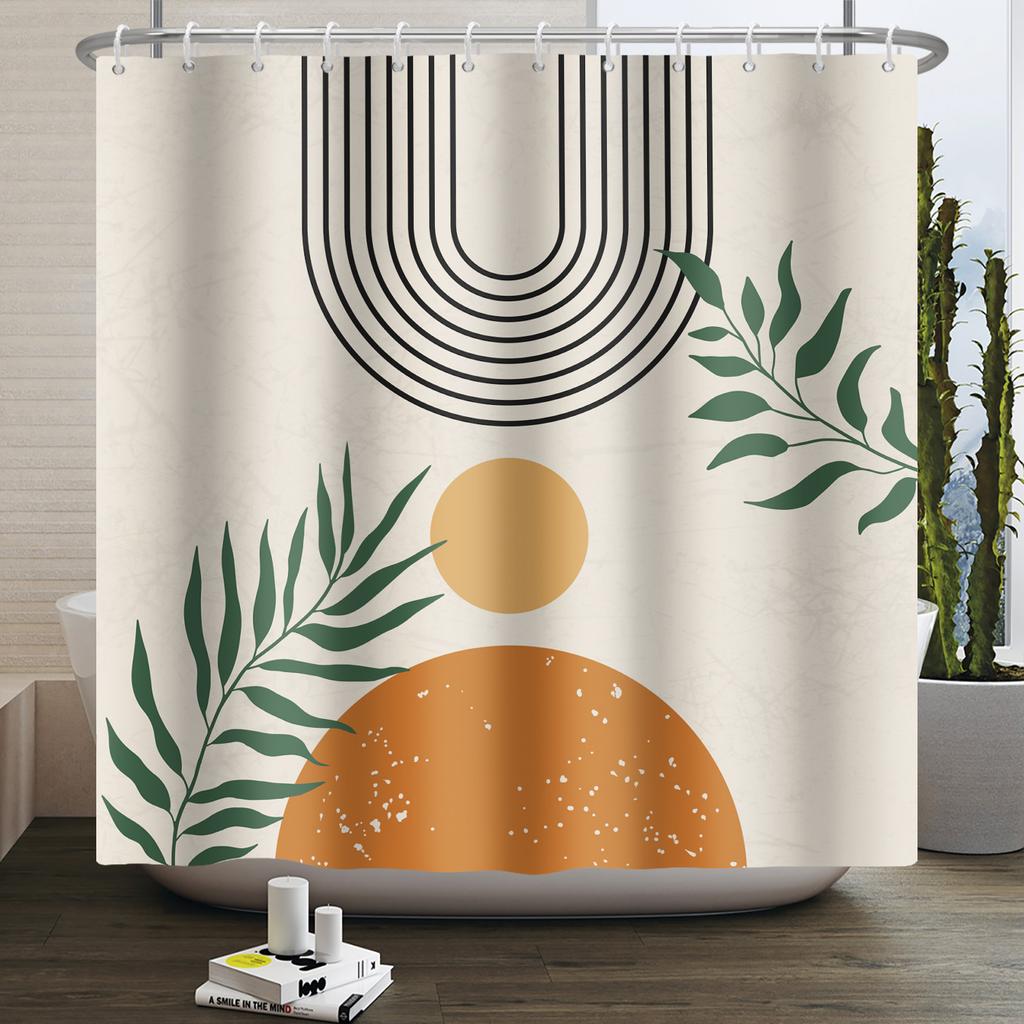 Mid Century Abstract Boho Shower Curtain Green Leaf Plant Modern Arch Sun Minimalist Nordic Waterproof Bathroom Bath Curtain