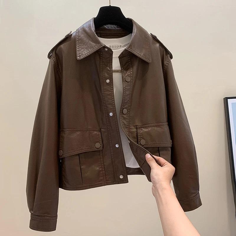 

Женская новая короткая свободная универсальная мотоциклетная кожаная куртка 2025 года, корейская версия, топ из ПУ кожи XXL чёрный