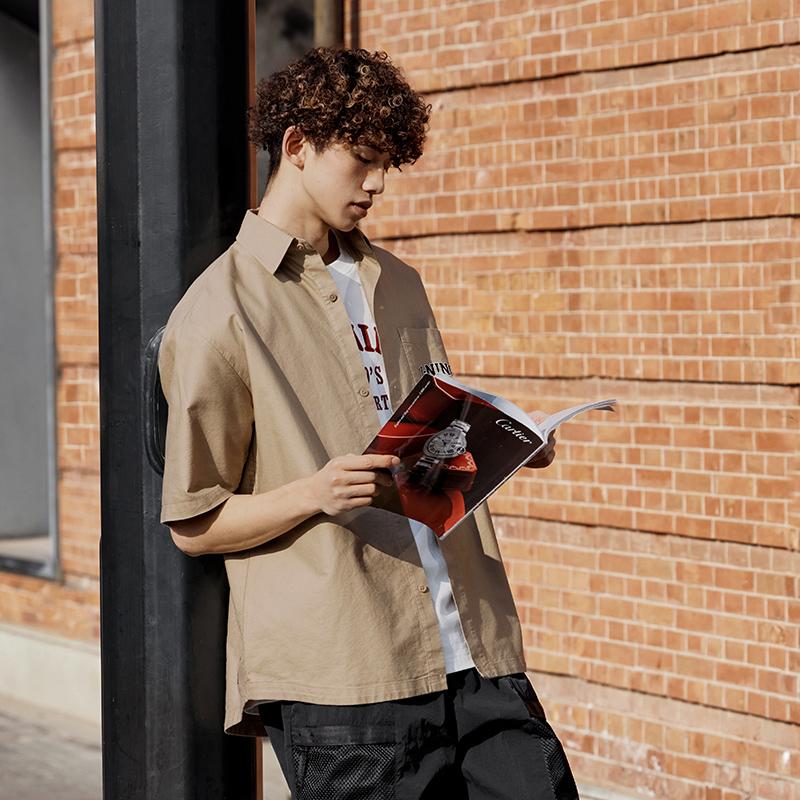 Li-Ning Weekend Youth Polo Collar Single-Breasted Printed Logo Short Sleeve Shirt Men Shirts Khaki ASHU459-4