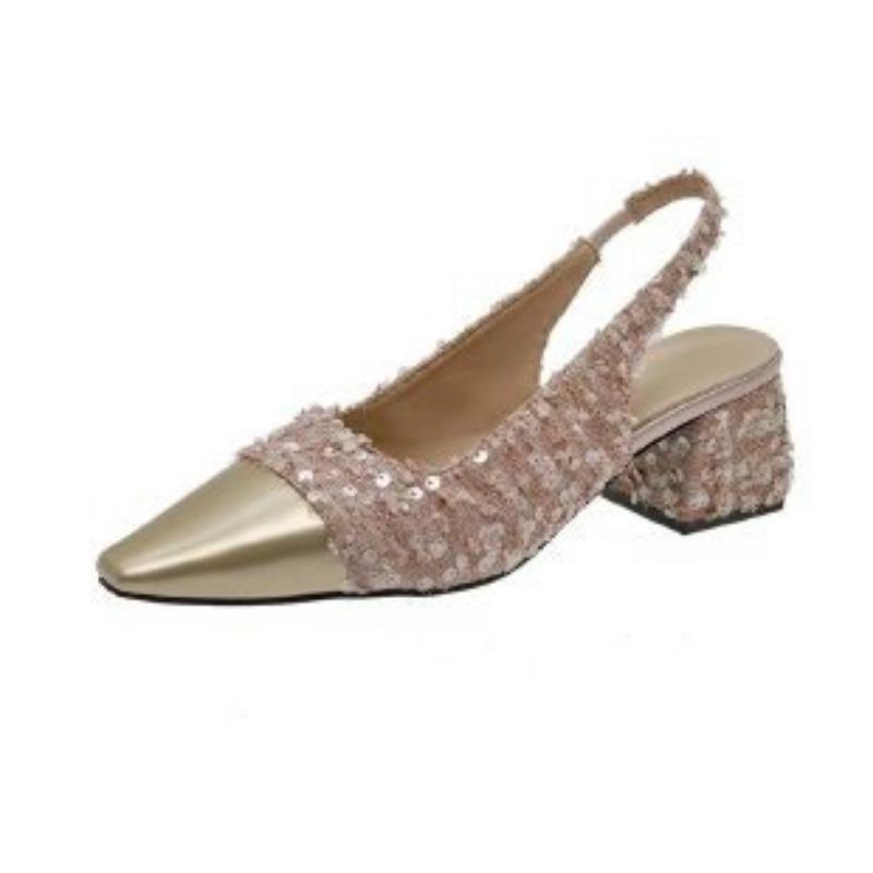 Fragrant Style Color Matching Square Head Thick Heel High Heel Single Shoes Women's New Elegant Temperament Light Mouth Empty Bag Head Sandals