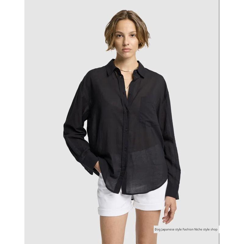 

American Niche Pure Original High end Commuting Shirts Loose Soft Light Horse Cotton Long sleeve Sun Protection Shirts Women Black S
