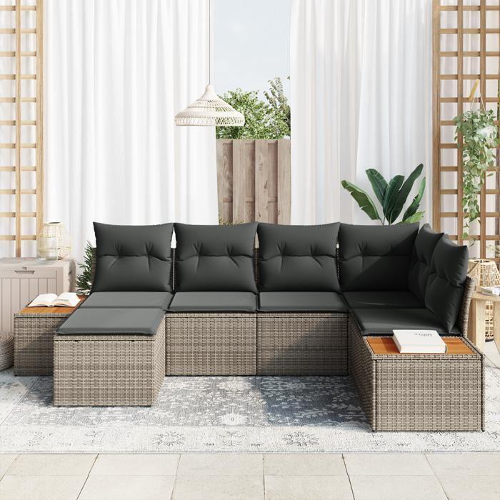 VidaXL Ensemble de Canapé de Jardin 6 Pièces avec Coussins Gris Poly Rattan Acacia 3348120