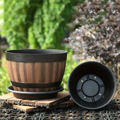 1 ks Vintage nádoba na sudy na whisky, záhradný kvetináč so živicovým pruhovaným vzorom s drenážnym otvorom a podšálkou, plastová oválna nádoba na bylinky v neformálnom štýle