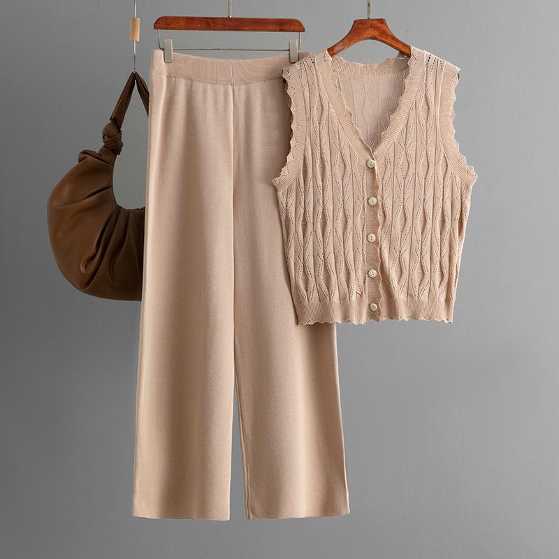 Summer Simple Cardigan Loose Sleeveless Knitted Vest Set Wide Leg Pants Knitted Two-piece Set For Women
