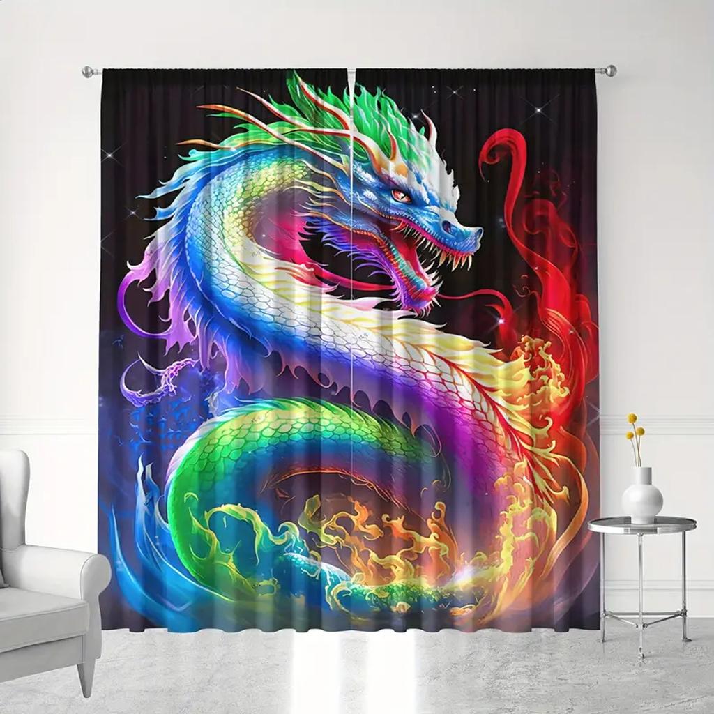 2 PCS Chinese Happy New Year Dragon Pirnt Curtains, 3D Print Window Curtains for Living Room Bedroom Red and Gold Free Shipping