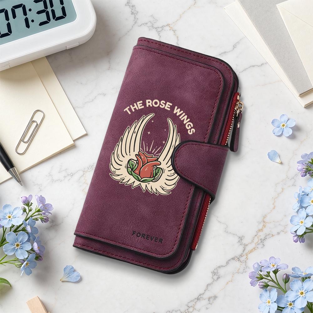 Stylish Rose Wings Print Wallet Fashion Functional Multiple Card Slots Casual Daily Use Portable Purse
