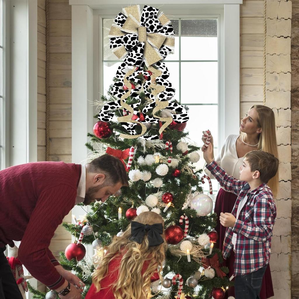 Cow Print Christmas Tree Topper Bow, Rustic Cow Farmhouse Ox Christmas Wreath Bow, Black and White Decorative Large Gift Bow, Xmas Hanging Ornament