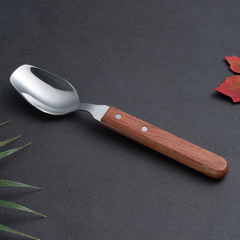 HANYANG – vaisselle à manche en bois, articles ménagers, petite cuillère à soupe en acier inoxydable 304, fourchette à Steak, cuillère à Dessert, vaisselle