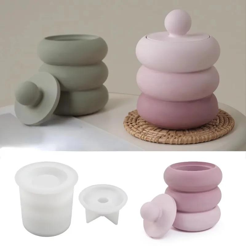 Silikonové formy na svíčky s víkem, kulaté úložné boxy, minimalistické, betonové, sádrové, pryskyřičné formy, domácí dekorace, nádoba na svíčky
