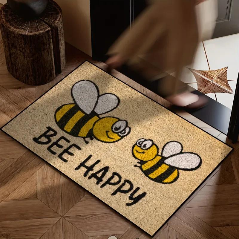 VIKAMA Bee Happy Doormat Welcome Mat Crystal Velvet Outdoor Carpet Living Room Floor Mat Rug For Bedroom Lightweight Home Decor