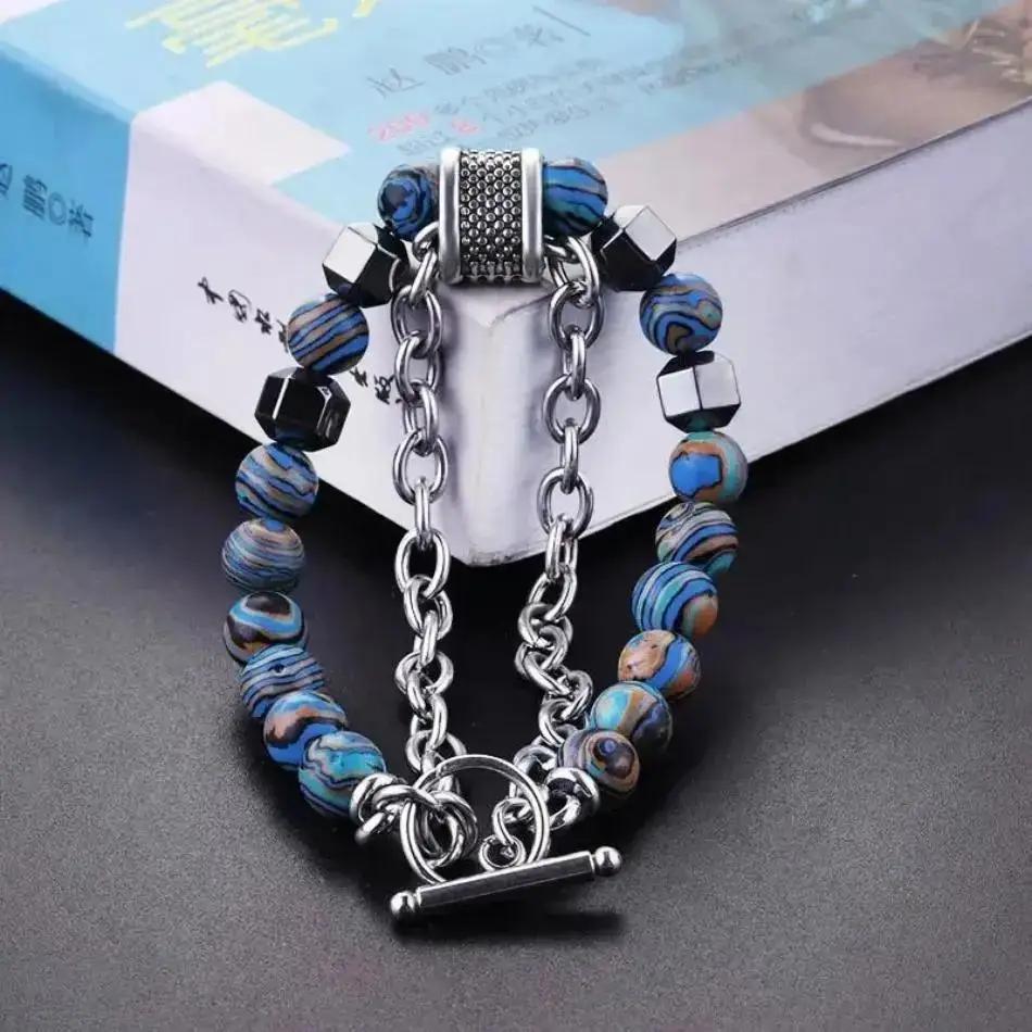 1 Pcs Rock Bead Gemstones Bangles Jewelry Making Stainless Steel Charm Natural Stone Beads Bracelet For Men