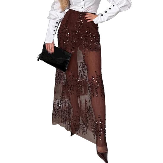 Women Skirt Elastic High Waist Solid Color Shiny Sequin Decoration Slimming Leg Shape Maxi Skirt Party Date Skirt Daily Wear