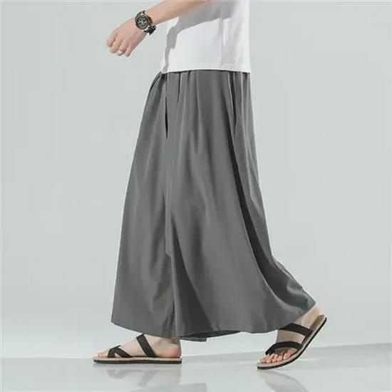 Men's Summer Ice Silk Hanfu Pants: Ancient Style Nine-Point with Chinese Print and Pendant Details.