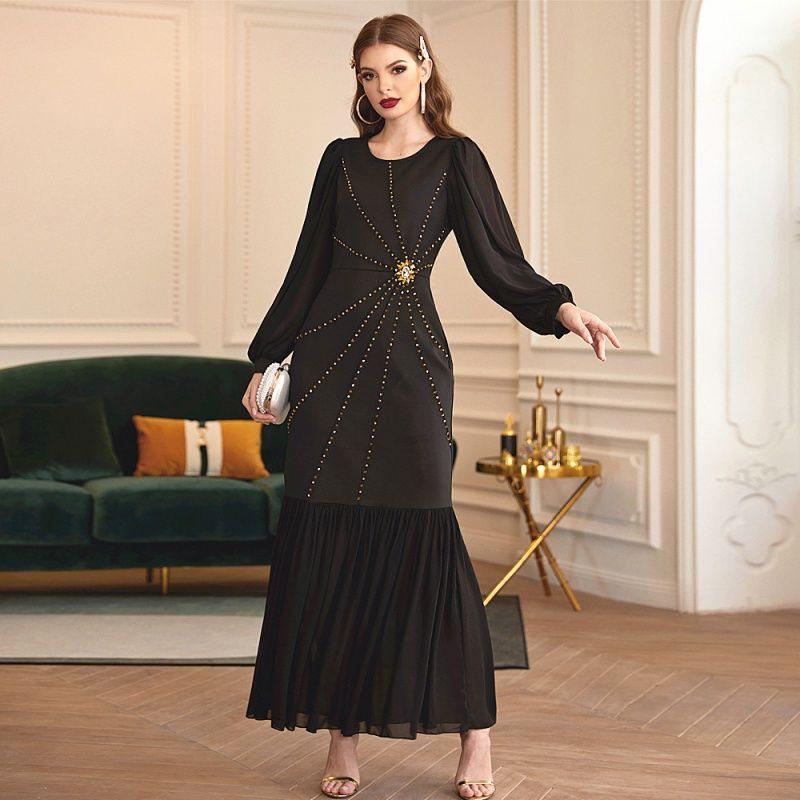

2021 Black Stretch Slim Lantern Sleeve Diamond Party Dress Black S