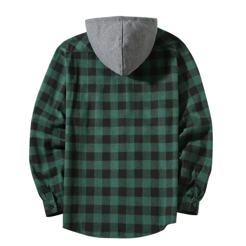 Men's Shirts Classic Plaid Casual Button Down Hooded Long Sleeved Double Pockets Shirt Hoodie Flannel Jacket Spring Autumn